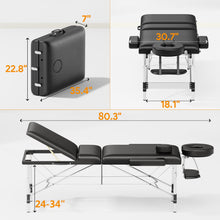 Load image into Gallery viewer, Brelley 3 Sections Aluminum Adjustable Massage Table Portable 22.8" W Black, Aluminum Frame Adjustable Height, Professional Esthetician Lash Spa Tattoo Bed, 490Lbs Load Capacity, with Carrying Bag